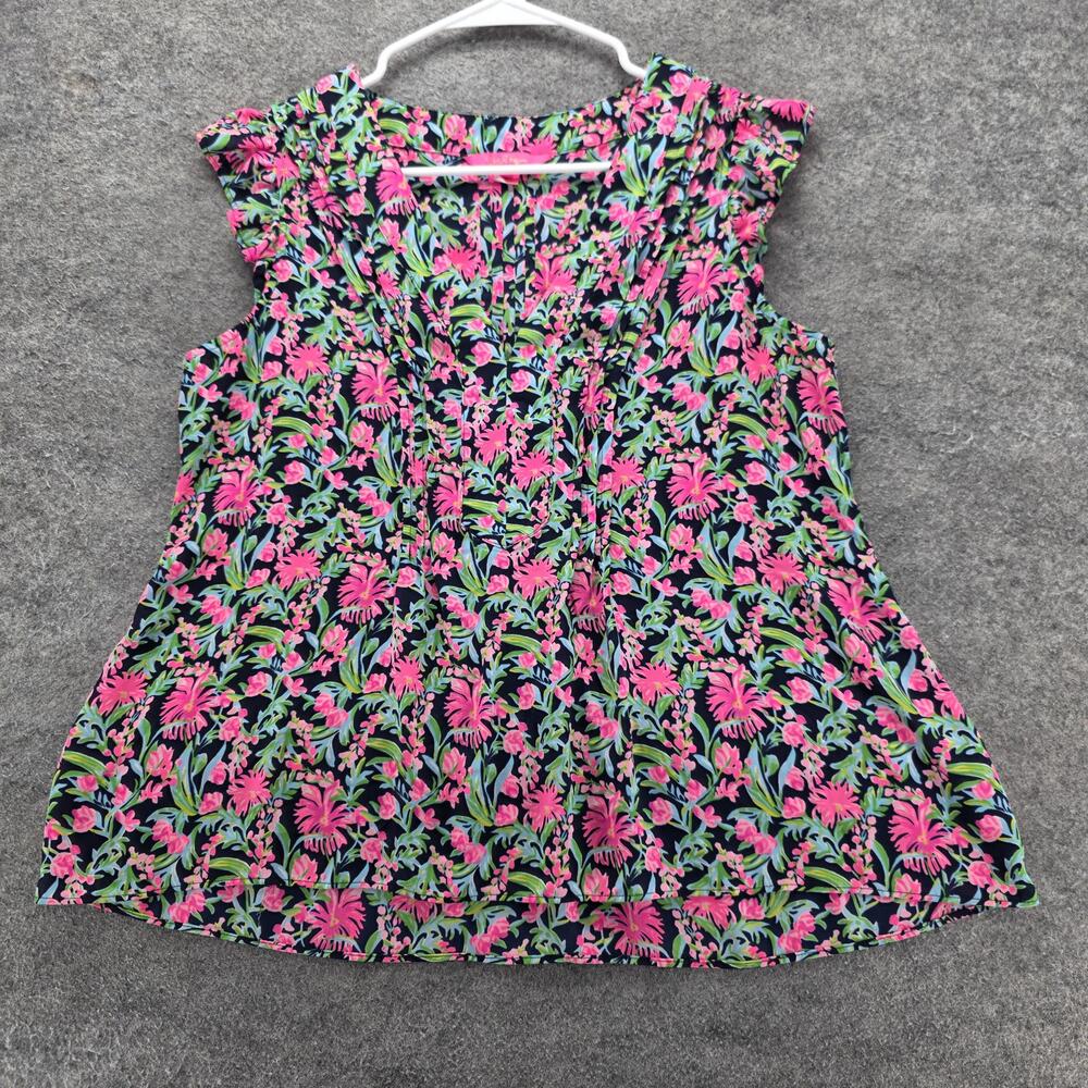 Lilly Pulitzer Blouse Womens M Multicolor Floral Cap Sleeve Pleated Lightweight
